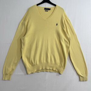 Polo Ralph Lauren Men's Sweater Yellow Pima Cotton V-Neck Logo Pullover X Large